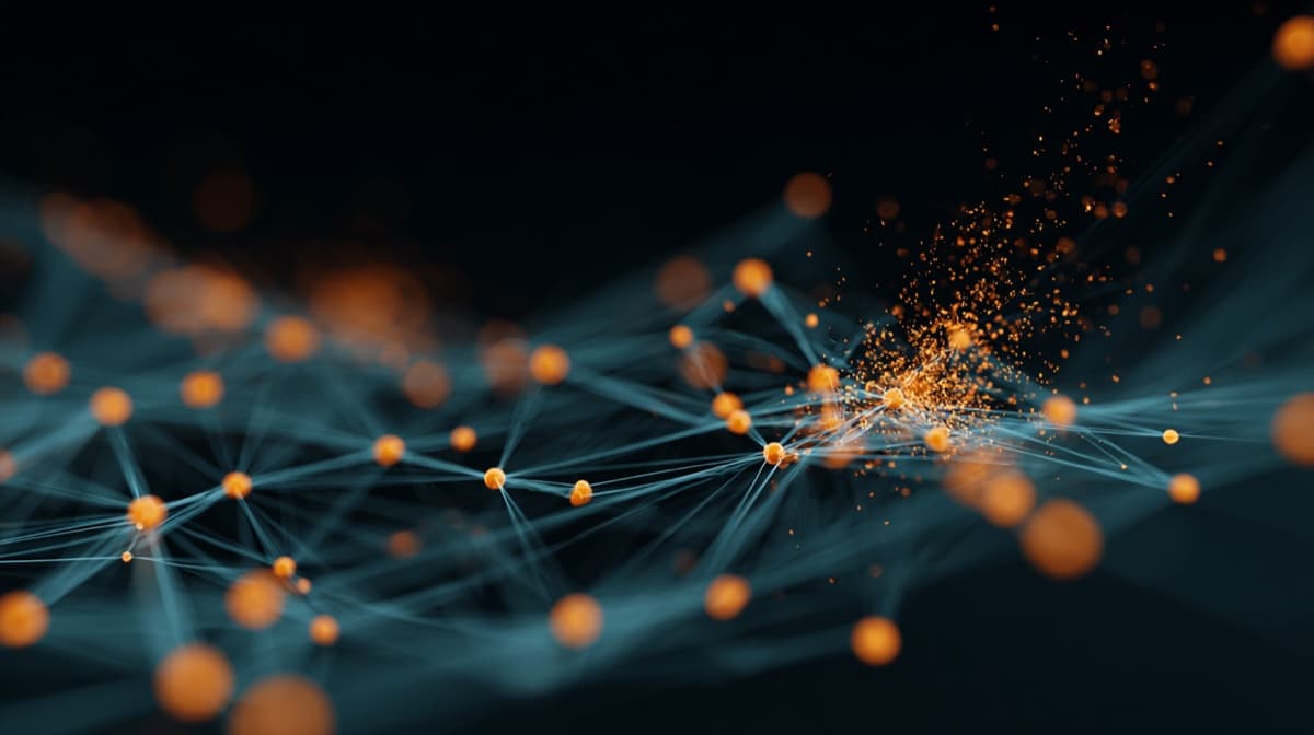 Cooperative Survival Network — 15 vernetzte Knoten in tiefem Petrol-Teal mit kaskadierenden Amber-Ausfallswellen, die zeigen, wie ZenBrains Algorithmen sich unter Stress gegenseitig stützen