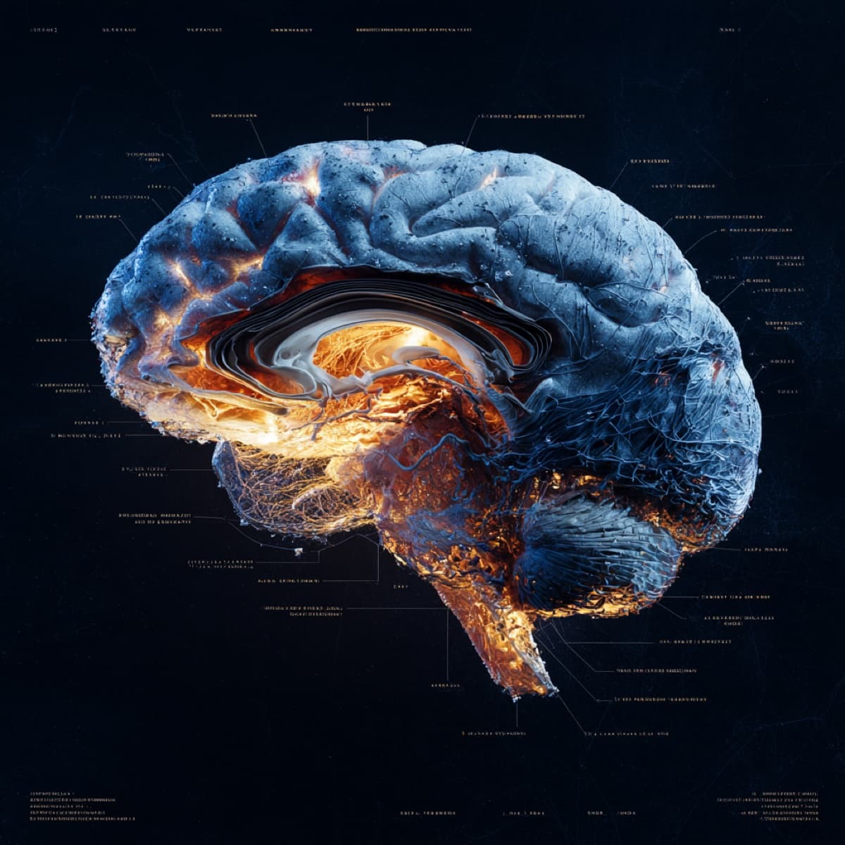 Visualization of the HiMeS memory architecture — seven distinct memory layers active in a brain cross-section, rendered in deep teal with amber focal points