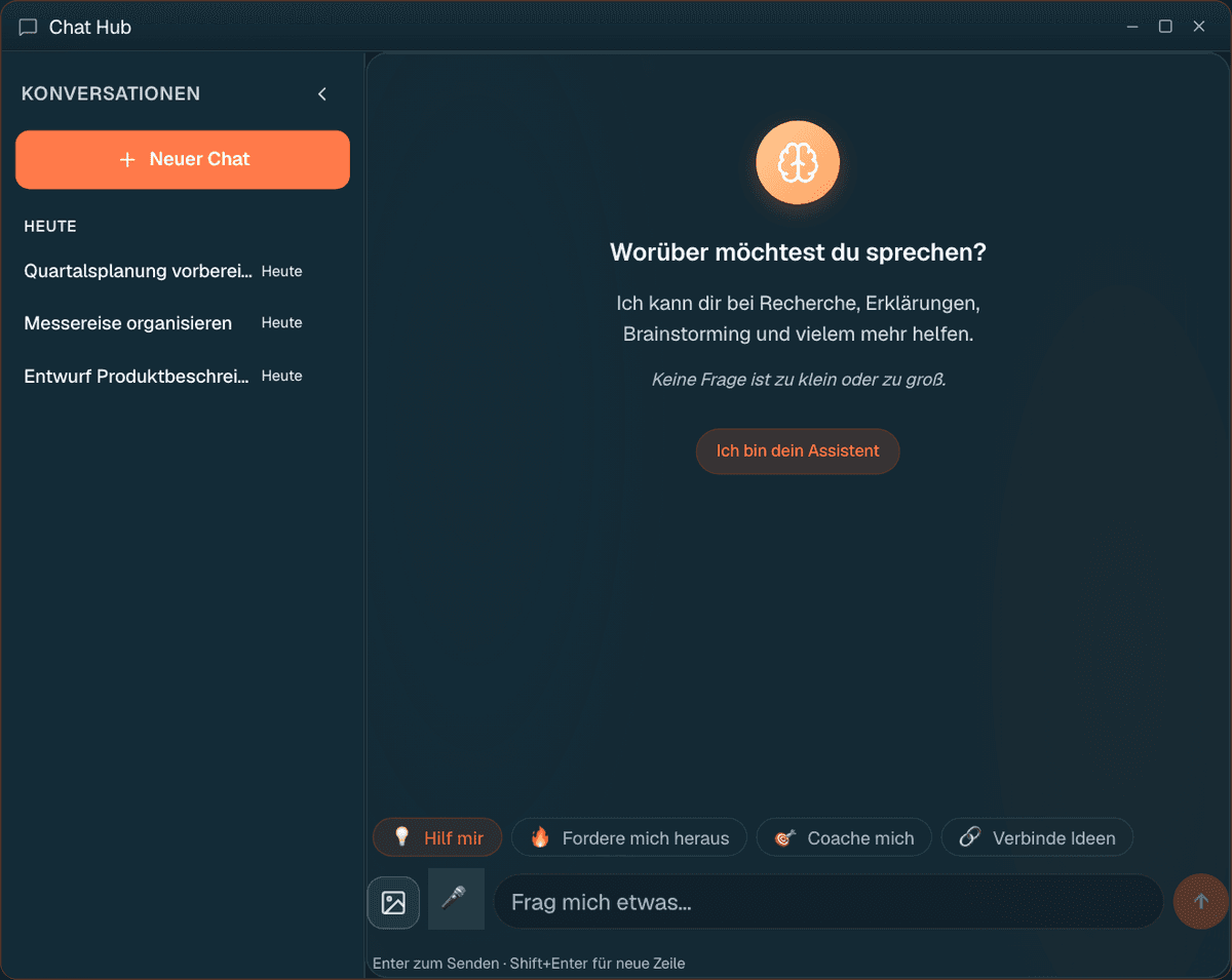 The Eigenraum chat window: the list of conversations on the left, a new, empty conversation on the right.